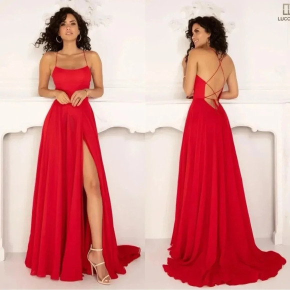 NWT Lucci Lu Red Maxi Dress w/Slit Size 4 Gown Prom Dress - Picture 1 of 5
